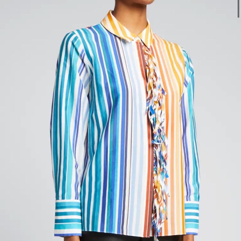 KOBI HALPERIN Stripe Fringe P Cotton & Silk Blouse NWT